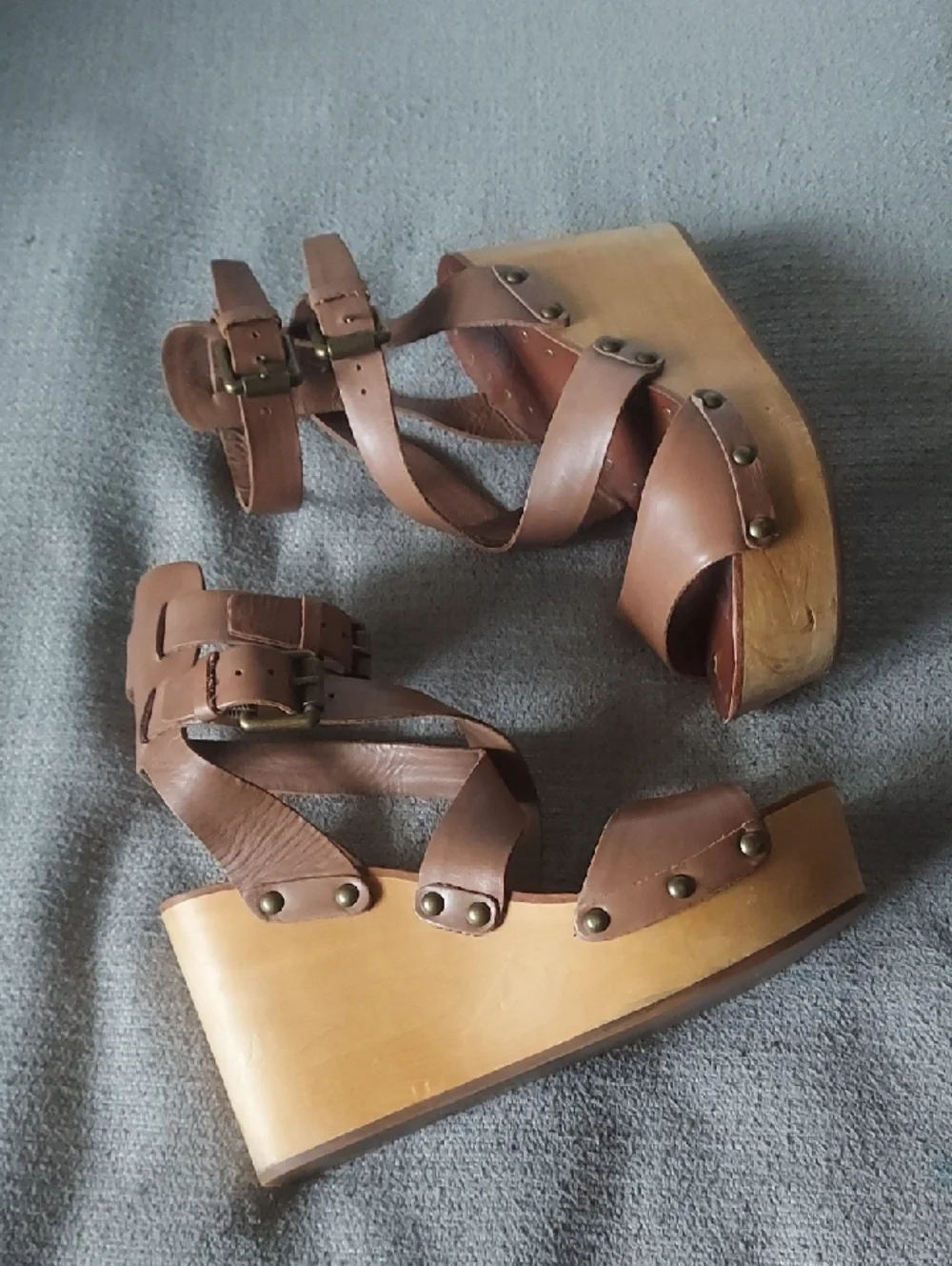 ASH Brown Leather Wooded Platform Wedge Sandals Sz 39/8.5-9